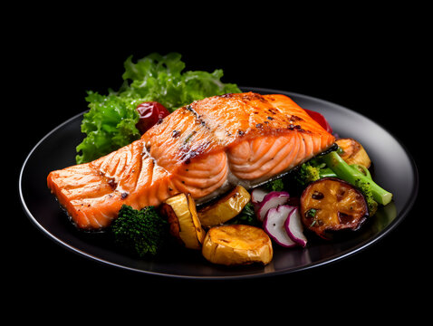 Grilled salmon fish steak with vegetables on a plate, black background 