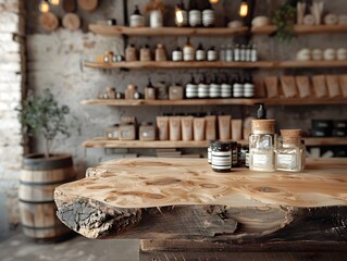 Raw Edge Wooden Table in Natural Beauty Product Shop with Empty Space for Display