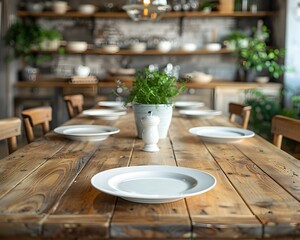 Rustic Wooden Dining Table in Cozy Family Style Restaurant Setting Ready for Shared Meal Service or Product Display