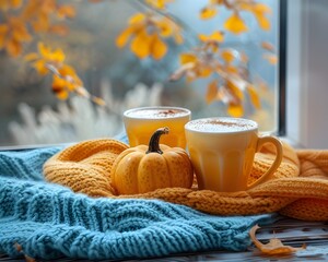 Cozy Autumn Coffee Corner with Pumpkin Spice Lattes and Knitted Blankets
