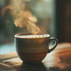 Steaming Hot Coffee on a Chilly Morning Wooden Table