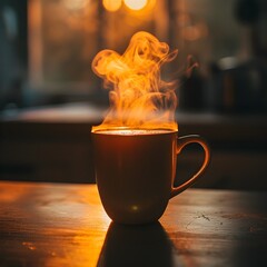 Captivating Steam Rising from Steaming Hot Coffee on Rustic Wooden Table on a Chilly Morning