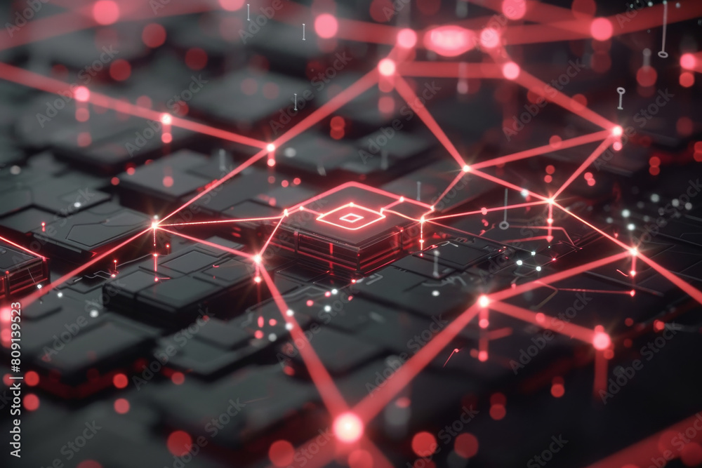 Poster a computer chip with a square on it is surrounded by red lines