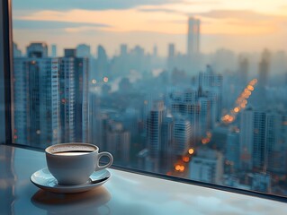 Breathtaking Cityscape View from Luxury High Rise Apartment with Morning Coffee