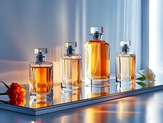 Elegant Perfume Bottle Display on Mirrored Surface with Soft Lighting