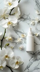 a high end skincare product presentation on a sleek marble countertop surface The frame is filled with lush