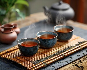 Premium Tea Collection Presentation with Steaming Cups on Bamboo Mat
