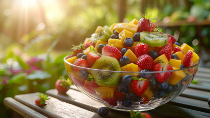 A bowl of fruit salad in a garden setting