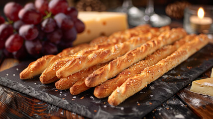Breadsticks, cheese, and grapes on a table.