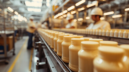 Fototapeta premium Factory workers on production line with bottles.