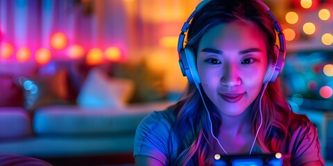 Asian woman streaming mobile game in neonlit living room with headphones. Concept Live Streaming, Mobile Gaming, Neon Lights, Technology, Asian Woman