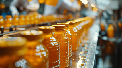 Honey jars on a conveyor belt.