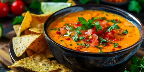 Vibrant queso dip with crispy chips and zesty lime food photography. Concept Food Photography, Queso Dip, Crispy Chips, Zesty Lime, Vibrant Colors
