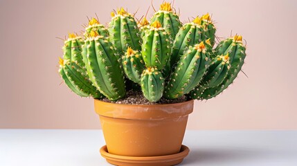 A beautiful cactus in a pot with a pink background. The cactus is green and has many spines. The cactus is in focus and the background is blurred.