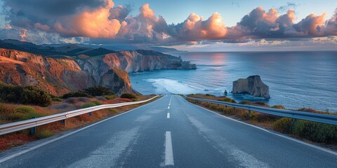 A scenic coastal road runs along the shore, offering breathtaking views of the ocean and cliffs. - Powered by Adobe