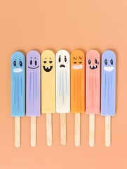 The Diverse Expression of Joyful Wooden Emoticon Figures on Vibrant Background