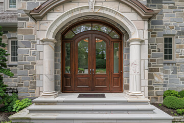 Classic Residential Architecture: Arched Entryway with Ornate Wooden Doors