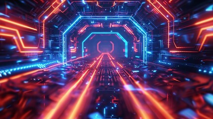 A futuristic tunnel with neon lights and a blue and red color scheme