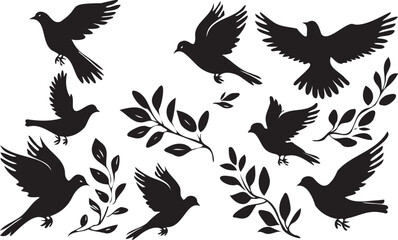 Birds Black Silhouettes on a Tree Branch