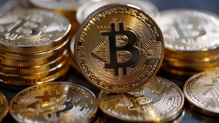 Cryptocurrency Bitcoin coins and banknotes