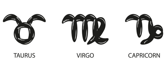 3D vector Air Balloons Zodiac Signs isolated transparent background. Set Zodiac Signs in trendy Chrome black Metallic Bubbles style. Taurus Virgo Capricorn. Astrology elements of earth
