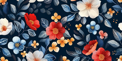 Midnight Garden: Lush Floral Pattern with Red and Blue Flowers on Deep Navy Background - obrazy, fototapety, plakaty
