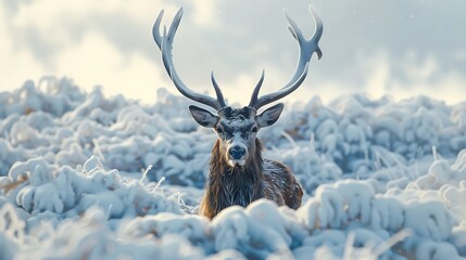 A regal stag standing tall amidst a sea of white, captured in breathtaking