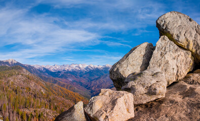 Beautiful view of mountains and Moro Rock view of the Sequoia National Park. California,