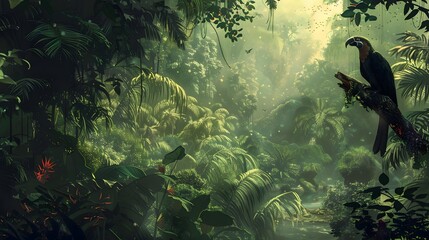 a jungle scene with animals and tropical birds, mysterious jungle wallpaper, wildlife illustration, paleoart, Mural wall art. utopian ancient jungle. paleoart. art nouveau jungle environment..