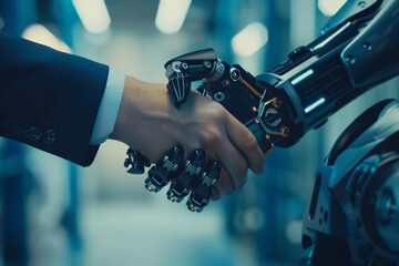 A man in a suit shakes hands with a robot