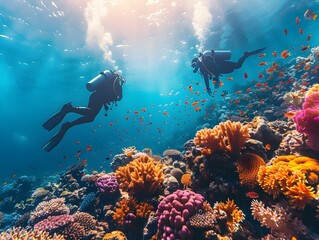Scuba Divers Exploring Vibrant Coral Garden Teeming with Abundant Marine Life in the Ocean