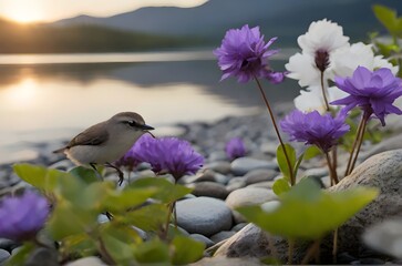 Evening lake adorned with vibrant purple flowers, crafted with artificial intelligence, offering a serene and captivating natural scene."