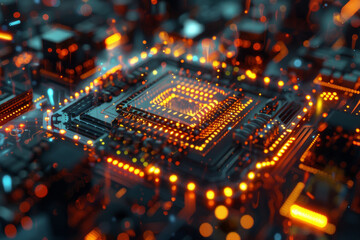 Obraz premium A close up of a computer chip with orange lights around it