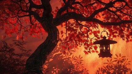Tranquil Scene Of A Traditional Lantern Amidst Autumn Foliage At Dusk. Generative AI