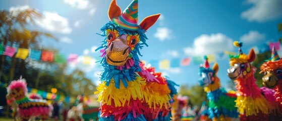 A festive Mexican pinata festival, suitable for a birthday or Cinco de Mayo event, complete with space for text on cards or invitations  8K , high-resolution, ultra HD,up32K HD