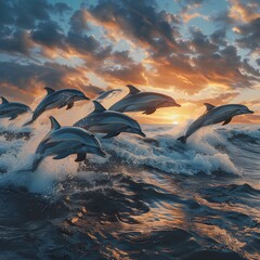 School of Dolphins Leaping Majestically at Vibrant Sunset Near Coastline