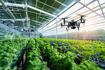 A drone is flying over a greenhouse full of plants