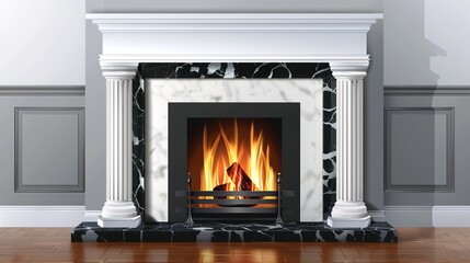 An elegant fireplace with a roaring fire, marble trim and classic architectural details - a warm, cozy scene