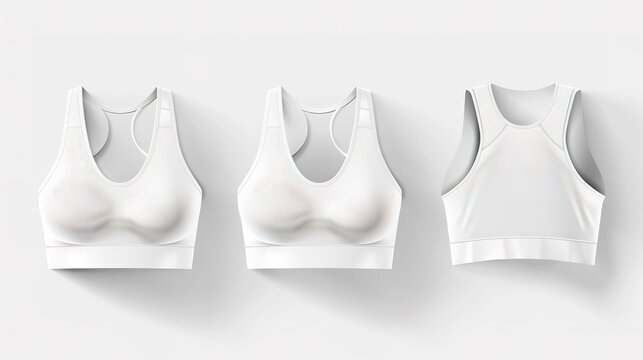 Comfort and support: a collection of white sports bras with front, back and side views for detailed inspection