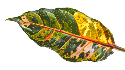 A close-up of a Croton leaf with its variegated colors, isolated on transparent background