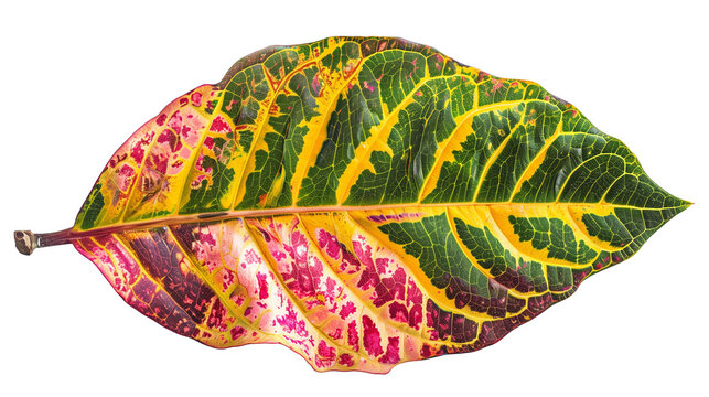 A close-up of a Croton leaf with its variegated colors, isolated on transparent background