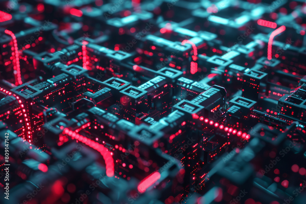 Poster a computer generated image of a circuit board with red lights