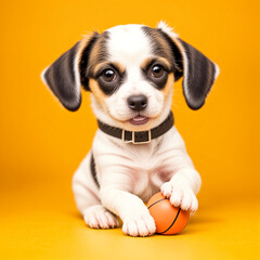 Jack russell playing ball on yellow background.