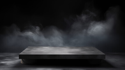 Concrete platform, podium or table with smoke in the dark on a black background.