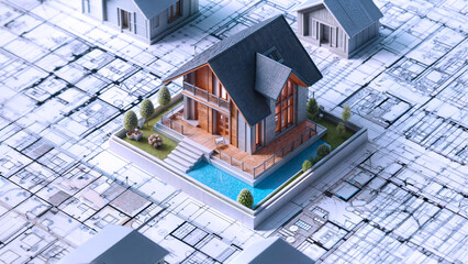 Home construction. Construction scheme. Work plan with dimensions and description. Small house on the construction scheme. Building and Construction Industry Concept. Three-dimensional plan.