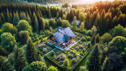 A charming house in the forest with big pine trees. Wonderful villa and landscaped garden. Detached house powered by solar energy. Green and big mountain landscape. - Powered by Adobe