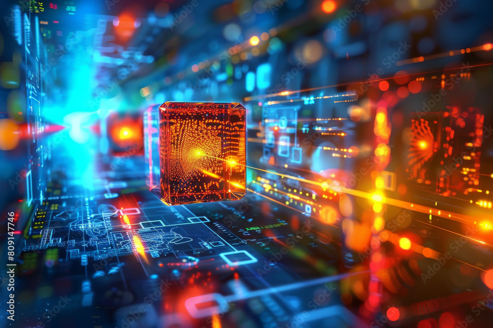 Poster a computer generated image of a circuit board with a cube in the middle