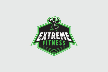 fitness, boxing and bodybuilding club badge emblem style logo vector with muscular body builder silhouette and boxing ring