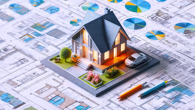 Home construction. Construction scheme. Work plan with dimensions and description. Small house on the construction scheme. Building and Construction Industry Concept. Three-dimensional plan. - Powered by Adobe