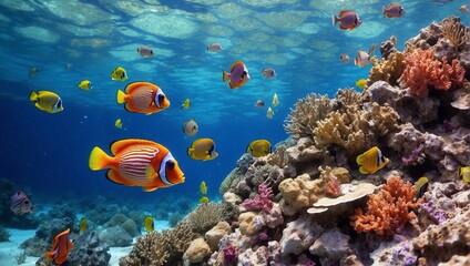 Naklejka na ściany i meble Tropical fish over coral reef. Colorful tropical fish swimming over coral reef with blue sea background
